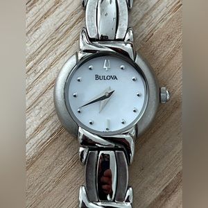 Bulova Ladies Watch Round Pearl Dial Stainless Weave Bracelet 96L90